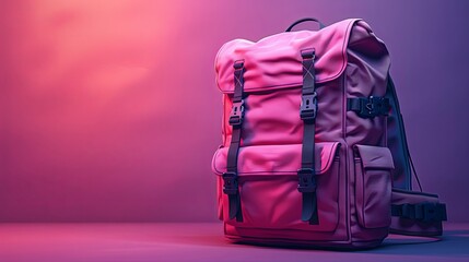 A pink backpack with black straps and buckles sits on a magenta to purple gradient background. - obrazy, fototapety, plakaty