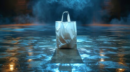   A white sack sits atop a pool of water in a dark room, emitting smoke - obrazy, fototapety, plakaty