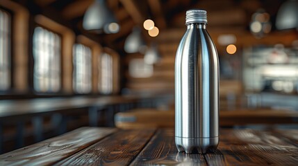   A stainless steel water bottle rests on a wooden table, near a wooden bench, in a restaurant or café