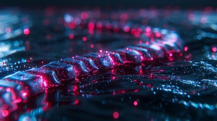   A macro shot of water droplets on a surface, surrounded by pink and blue lights at the image edges Water droplets teetering on the rim
