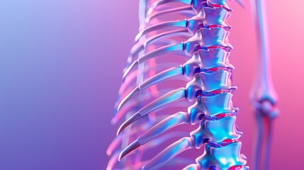   A image of a person's neck from behind, superimposed with a foreground skeleton, against a pastel backdrop of pink and blue - obrazy, fototapety, plakaty