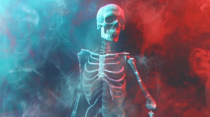   A skeleton stands amidst swirling red and blue smoke Behind it, the background is filled with dense red and blue smoke
