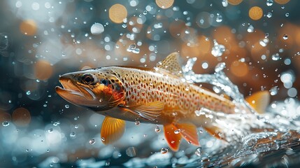 Fish above water catching bait. Panoramic banner with copy space.Jumping Rainbow trout (Oncorhynchus mykiss), Port Hope, Ontario, Canada