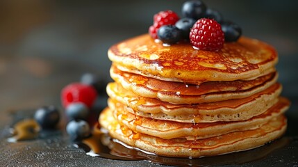   A stack of pancakes topped with berries on a black plate Drizzle of syrup visible between pancakes and berries Syrup also artfully drizz