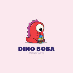 cute dino mascot logo drinking boba vector  illustration dino cartoon character animal icon concept  flat cartoon style illustration