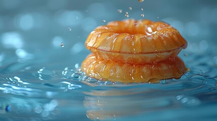  A fruit bobbing on a water surface, with a bead of water dripping off