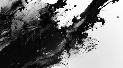 Abstract ink splashes create an atmosphere of mystery and darkness, incorporating black and white tones with elements of brushstrokes and textures that evoke a sense of chaos.
