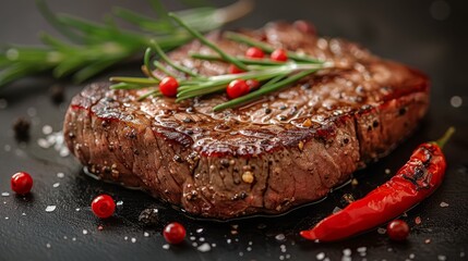   A steak sits atop a table next to several peppers - obrazy, fototapety, plakaty