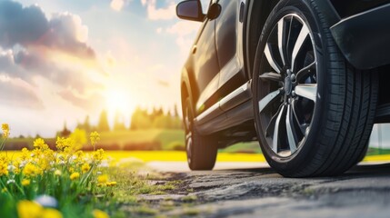   A black car sits by the roadside near a field of wildflowers, with the sun casting a golden backdrop - obrazy, fototapety, plakaty