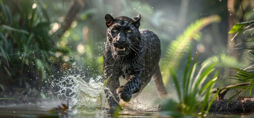 A black leopard runs through the jungle, splashing water, with green plants in the background.