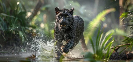 Deurstickers A black leopard runs through the jungle, splashing water, with green plants in the background. © Duka Mer