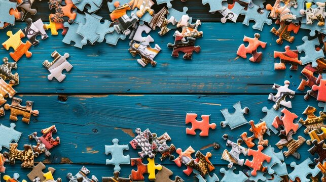   A collection of varied-hued puzzle pieces against a blue backdrop of wood, ready for text or image insertion