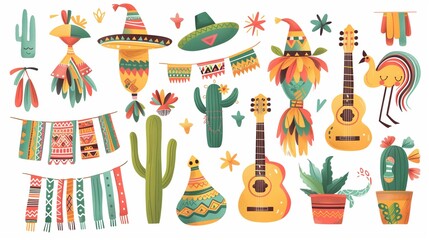 Cheerful Cartoon Set of Mexican Party Elements - Pinata, Sombrero, Maracas, Guitar, Cactus. Child Birthday Theme. Vector Illustration.