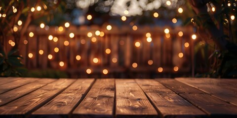 An empty wooden tabletop against a blurred background of string lights and a dark wood fence. - obrazy, fototapety, plakaty