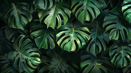 Green monstera leaves in a close-up style against a dark backdrop.