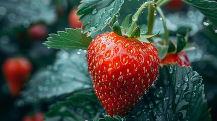   A tight shot of a strawberry with drops of water on its surface, surrounded by the plant's leaves and more berries in the backdrop, subtly wet from rain or de