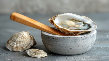   A bowl with a wooden spoon inside, a seashell nearby, and another seashell on the table - obrazy, fototapety, plakaty