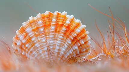   A tight shot of an orange and white seashell on a sandy beach, featuring water droplets at its base - obrazy, fototapety, plakaty