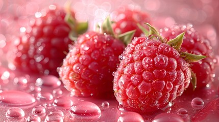   A cluster of raspberries atop a wet table, adjacent to one another, dripping with water