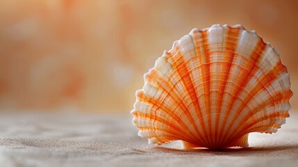   A tight shot of a seashell on sandy ground, background softly blurred - obrazy, fototapety, plakaty