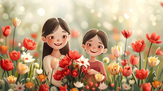 Happy asian family with flowers in the garden. Mother's day concept.