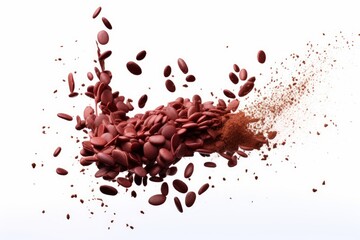 Soil dirt red bean mix fly explosion. Kidney bean soil fertilizer abstract cloud fly. Soil mix red beans planting splash stop in air. white background isolated high speed freeze motion