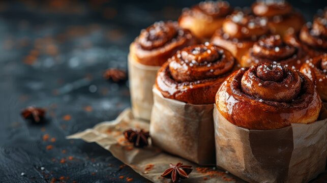  A collection of cinnamon rolls atop wax paper, adjacent to an orange star anise