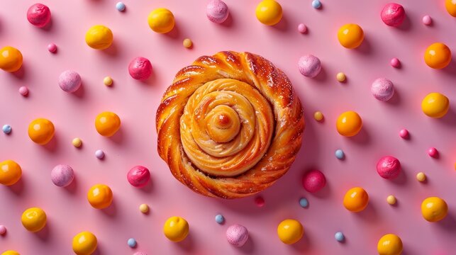   A pastry atop a pink surface, encircled by tiny candies and spiraled doughnut balls