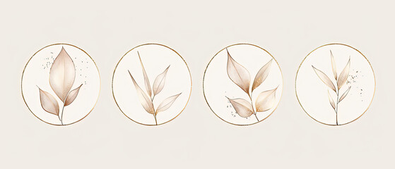 three oval mirrors with leaves on them are hanging on a wall - obrazy, fototapety, plakaty
