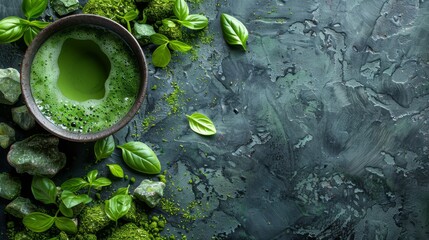   A wooden bowl holds emerald-hued liquid, encircled by vibrant green vegetation on a gray textured base against a backdrop of black - obrazy, fototapety, plakaty