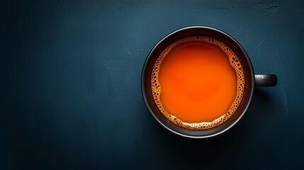  Teacup on dark blue surface, spoon in mid-cup - obrazy, fototapety, plakaty