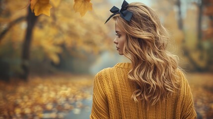   A woman, her long hair adorned with a bow, stands before a tree shedding yellow leaves - obrazy, fototapety, plakaty