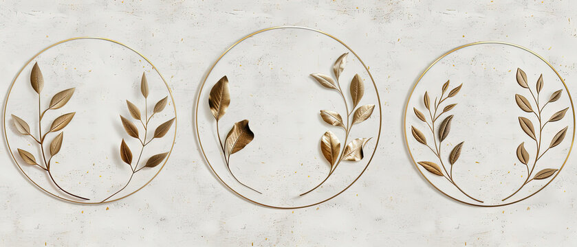 three oval metal wall art with gold leaves on a white background