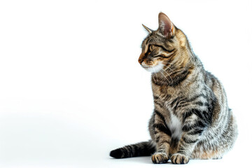 Studio portrait of a sitting tabby cat looking forward against a white backdground . photo on white isolated background