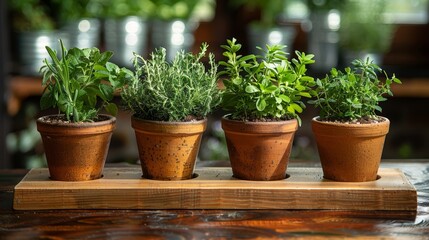   A row of potted plants sits atop a wooden table, facing another identical line of planted containers
