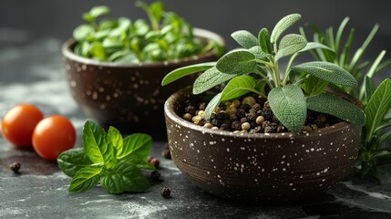  Two potted plants atop a table, adjacent to tomatoes and a green, leafy plant