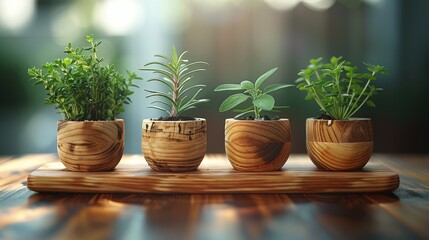   Three wooden planters atop a table, holding plants with green, leafy growth - obrazy, fototapety, plakaty