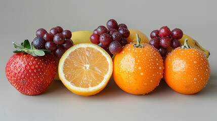   A row of oranges, grapefruits, and strawberries is arranged on a gray surface