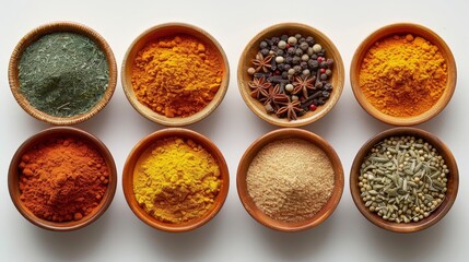   A collection of bowls, each holding various types of spices, aligns on a pristine white countertop