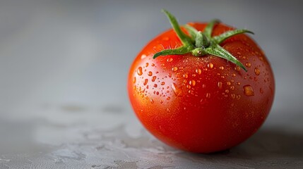   A tight shot of a ripe tomato, its surface speckled with dewdrops atop, against a pristine white backdrop