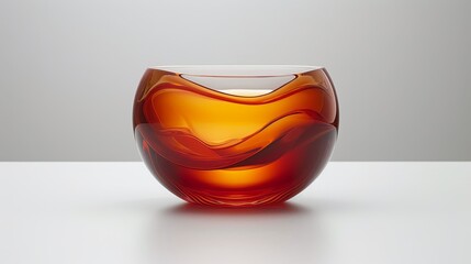  A glass bowl atop a white table, near a gray wall, with another gray wall in the background - obrazy, fototapety, plakaty