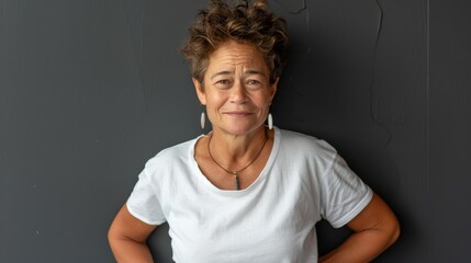  A woman in a white T-shirt stands with hands on hips before a gray wall