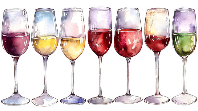 Set of vector and watercolor drawings of wine glasses, generative Ai