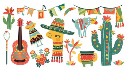 Festive Mexican Party Illustrations - Colorful Pinata, Sombrero, Maracas, Guitar, Cactus. Child Birthday Theme. Vector Graphics.