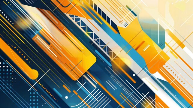 Contemporary vector artwork featuring dynamic geometric elements in yellow, orange, and blue, creating a lively and modern banner backdrop