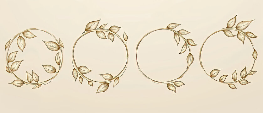 three oval frames with leaves and flowers on a beige background