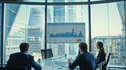Corporate team analyzing financial reports and discussing growth strategies at a large table in a high-rise office