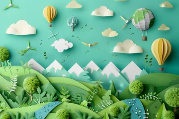  Hot air balloons in landscape in 3d paper cut art style. Ecology and environment. © ClaudiaMoya