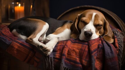 Beagle peacefully asleep on a plush and cozy sofa