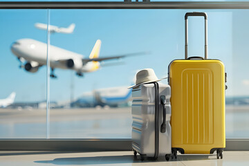 Travel concept: Suitcases in airport with airplane at background.